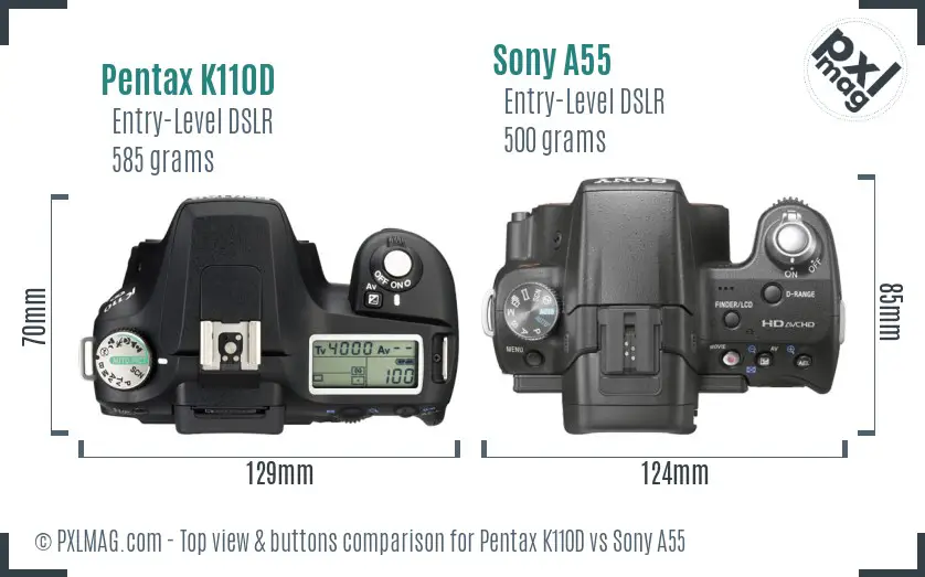 Pentax K110D vs Sony A55 top view buttons comparison