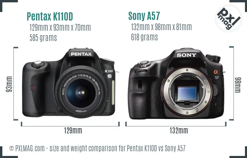 Pentax K110D vs Sony A57 size comparison