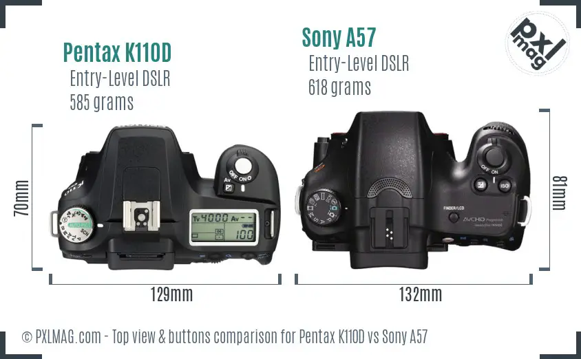 Pentax K110D vs Sony A57 top view buttons comparison