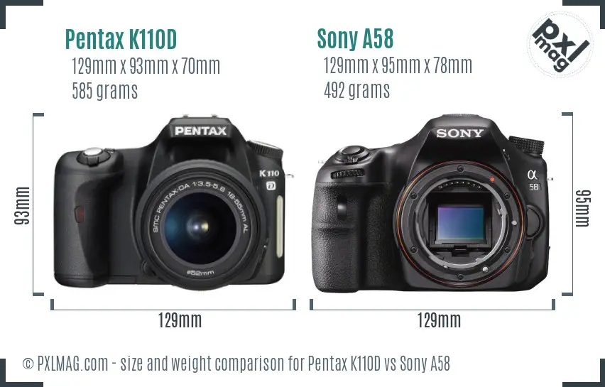 Pentax K110D vs Sony A58 size comparison