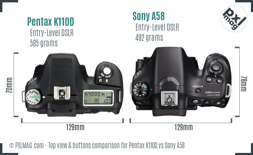Pentax K110D vs Sony A58 top view buttons comparison