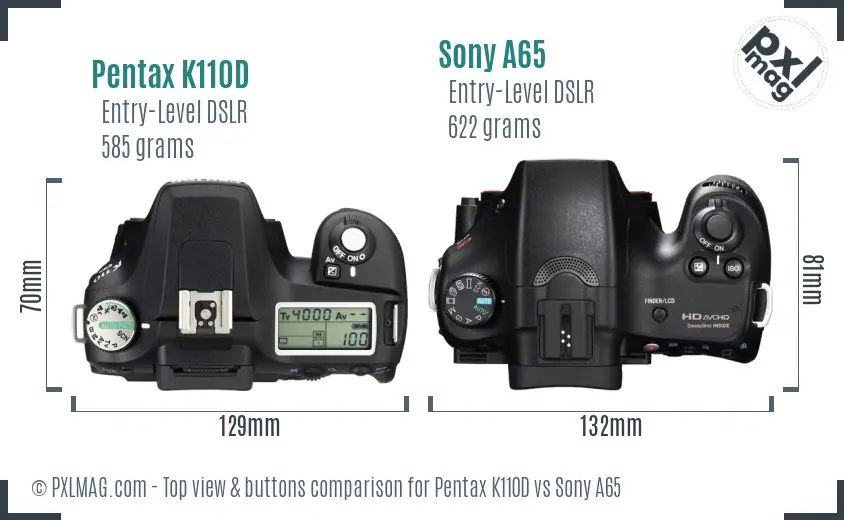 Pentax K110D vs Sony A65 top view buttons comparison