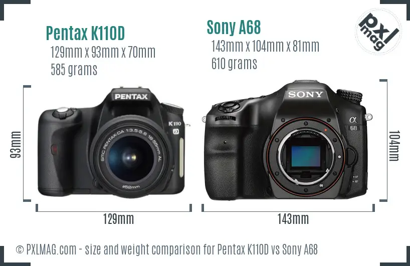 Pentax K110D vs Sony A68 size comparison