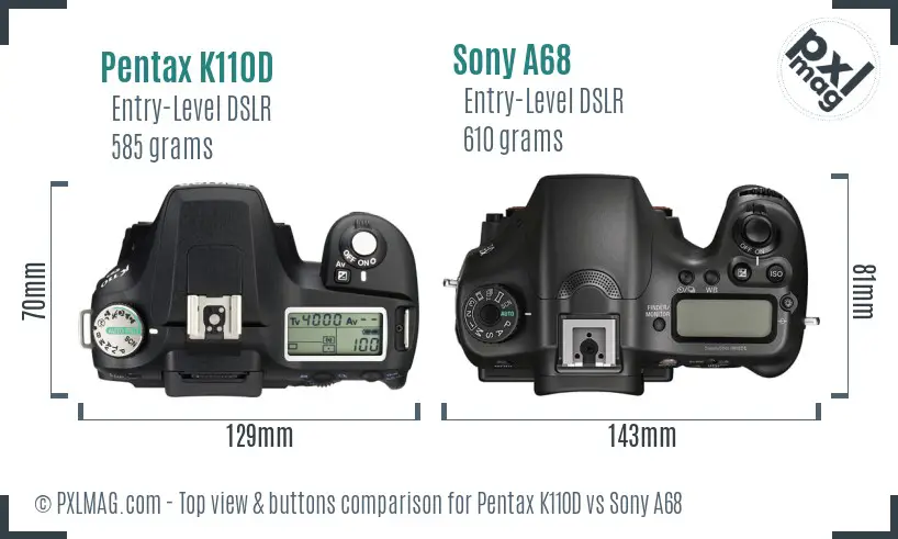 Pentax K110D vs Sony A68 top view buttons comparison