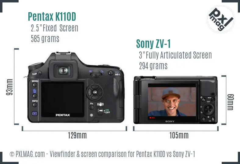 Pentax K110D vs Sony ZV-1 Screen and Viewfinder comparison