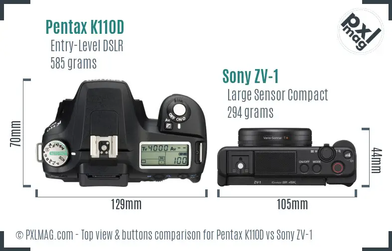 Pentax K110D vs Sony ZV-1 top view buttons comparison