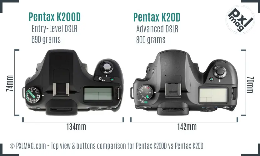 Pentax K200D vs Pentax K20D top view buttons comparison