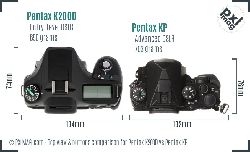 Pentax K200D vs Pentax KP top view buttons comparison