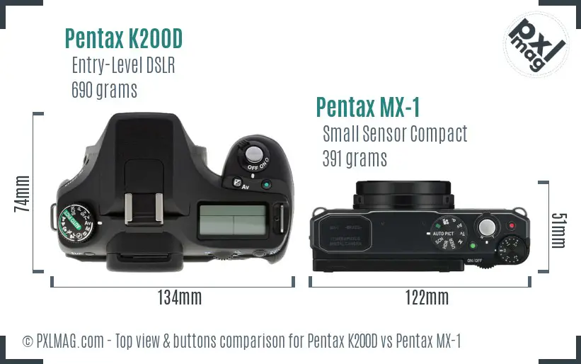 Pentax K200D vs Pentax MX-1 top view buttons comparison