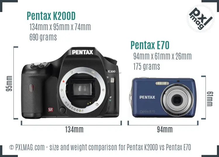 Pentax K200D vs Pentax E70 size comparison