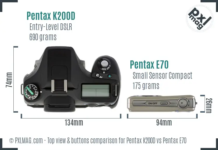 Pentax K200D vs Pentax E70 top view buttons comparison