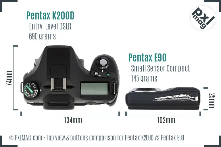 Pentax K200D vs Pentax E90 top view buttons comparison