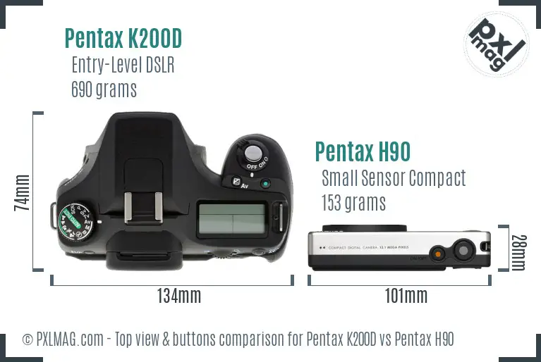Pentax K200D vs Pentax H90 top view buttons comparison