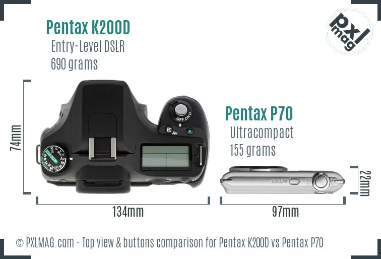 Pentax K200D vs Pentax P70 top view buttons comparison