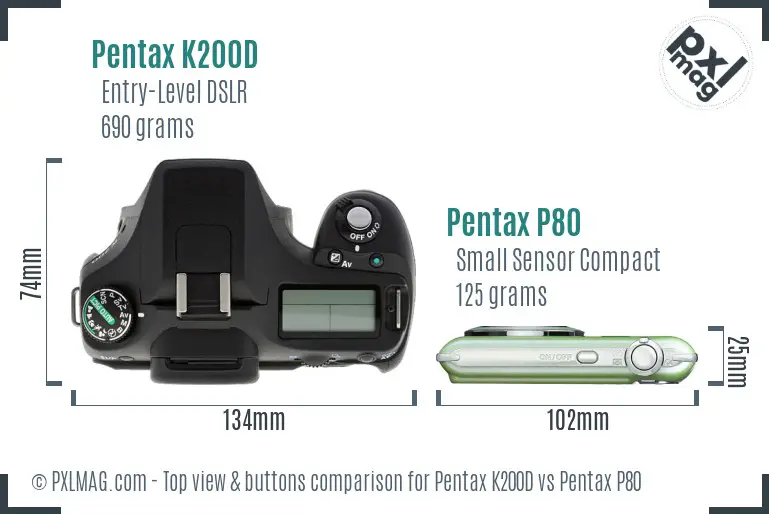 Pentax K200D vs Pentax P80 top view buttons comparison