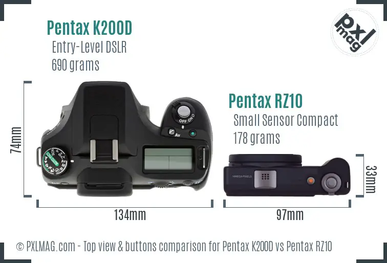 Pentax K200D vs Pentax RZ10 top view buttons comparison