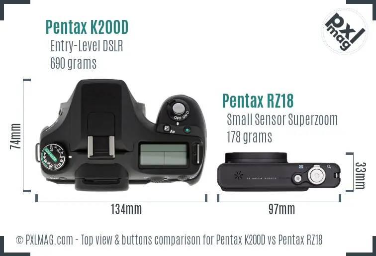 Pentax K200D vs Pentax RZ18 top view buttons comparison