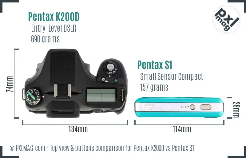 Pentax K200D vs Pentax S1 top view buttons comparison