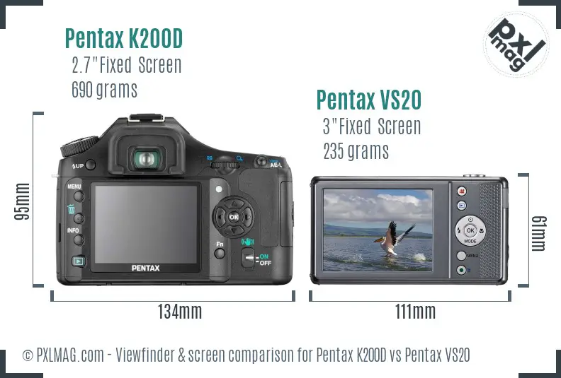 Pentax K200D vs Pentax VS20 Screen and Viewfinder comparison