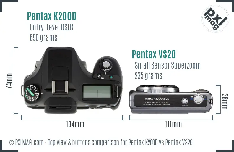 Pentax K200D vs Pentax VS20 top view buttons comparison
