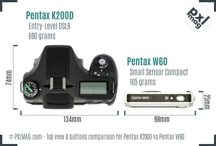 Pentax K200D vs Pentax W60 top view buttons comparison