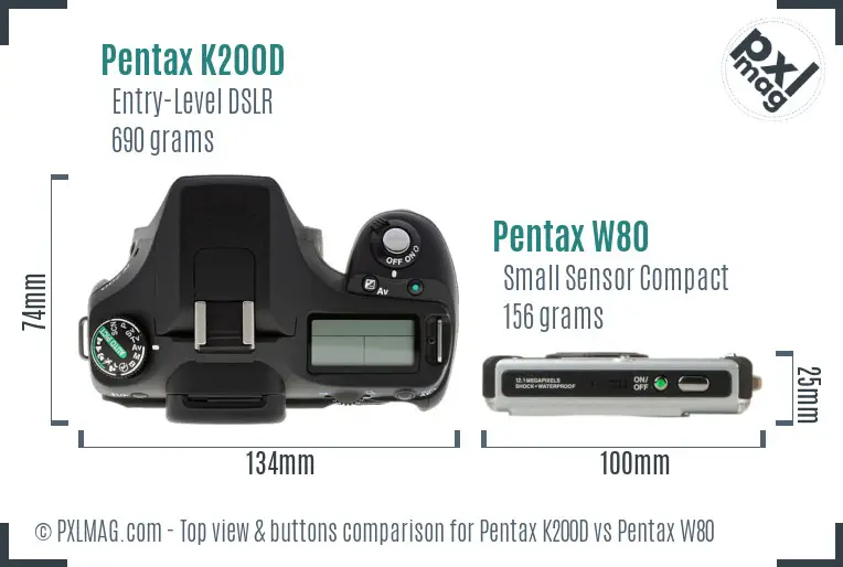 Pentax K200D vs Pentax W80 top view buttons comparison