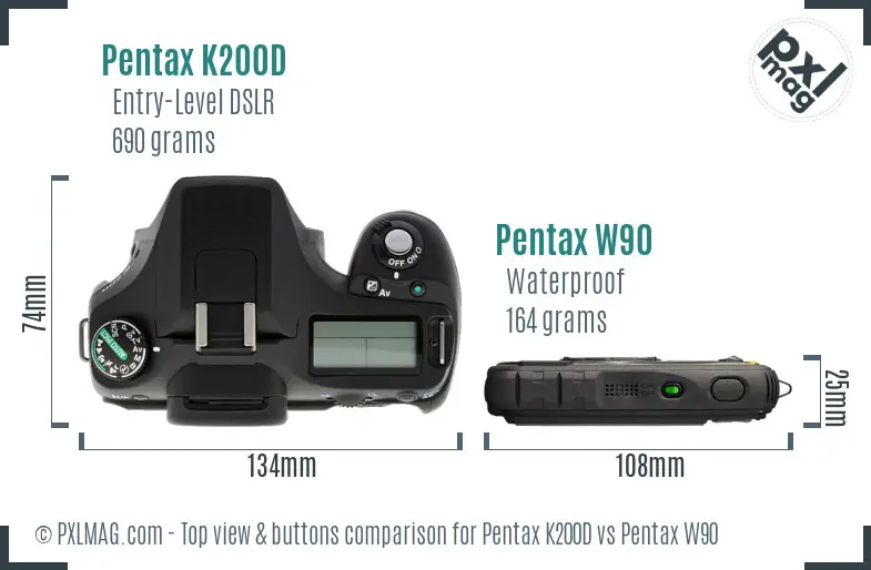 Pentax K200D vs Pentax W90 top view buttons comparison