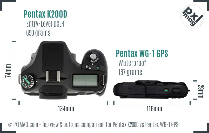 Pentax K200D vs Pentax WG-1 GPS top view buttons comparison