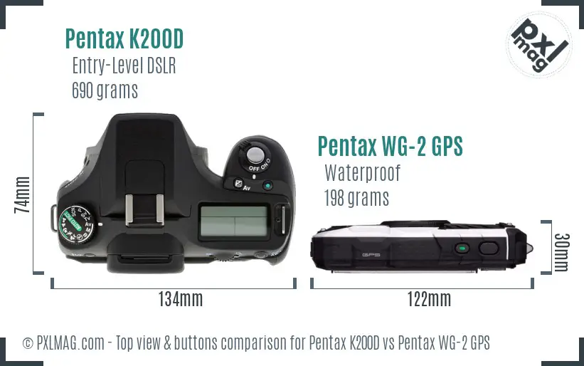 Pentax K200D vs Pentax WG-2 GPS top view buttons comparison