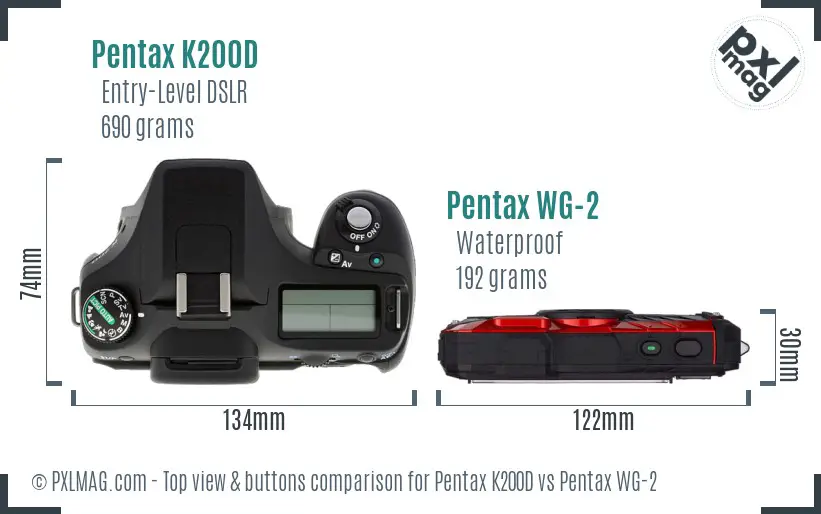 Pentax K200D vs Pentax WG-2 top view buttons comparison