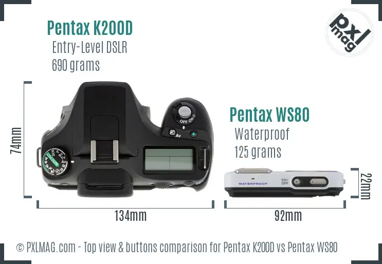 Pentax K200D vs Pentax WS80 top view buttons comparison
