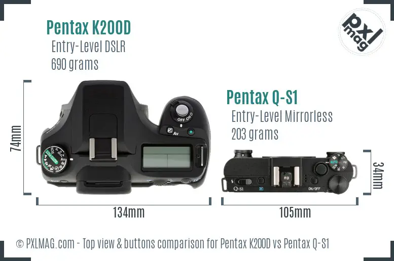 Pentax K200D vs Pentax Q-S1 top view buttons comparison