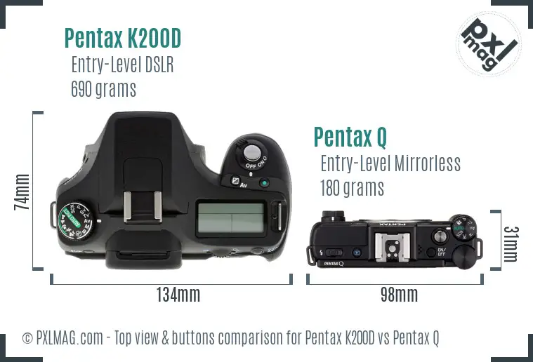 Pentax K200D vs Pentax Q top view buttons comparison