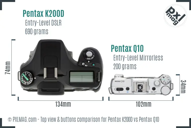 Pentax K200D vs Pentax Q10 top view buttons comparison