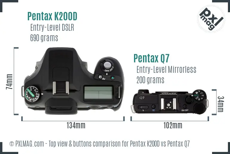 Pentax K200D vs Pentax Q7 top view buttons comparison Pentax K200D vs Pentax Q7 top view buttons comparison