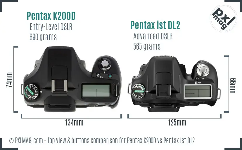 Pentax K200D vs Pentax ist DL2 top view buttons comparison