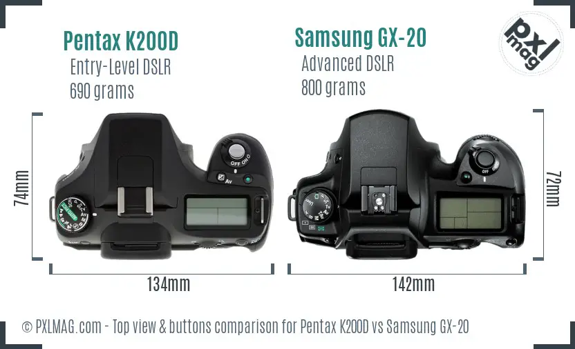 Pentax K200D vs Samsung GX-20 top view buttons comparison Pentax K200D vs Samsung GX-20 top view buttons comparison