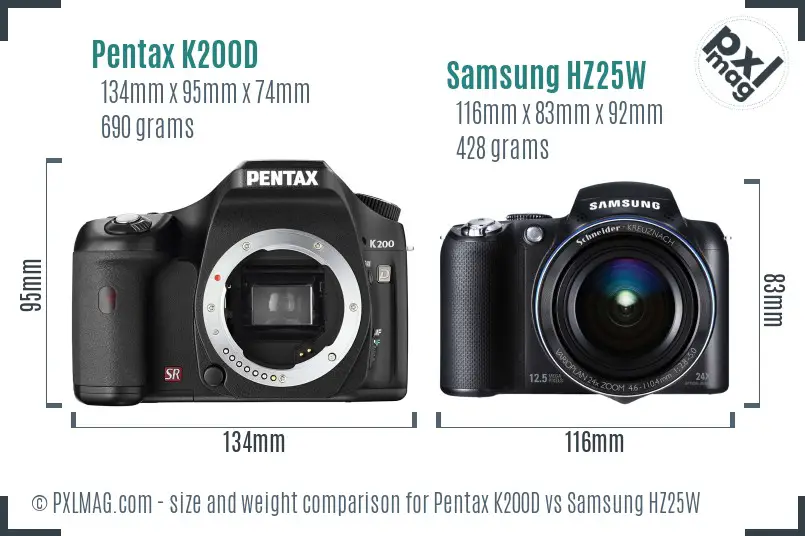 Pentax K200D vs Samsung HZ25W size comparison