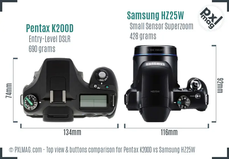 Pentax K200D vs Samsung HZ25W top view buttons comparison
