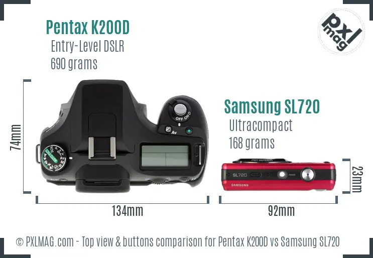 Pentax K200D vs Samsung SL720 top view buttons comparison