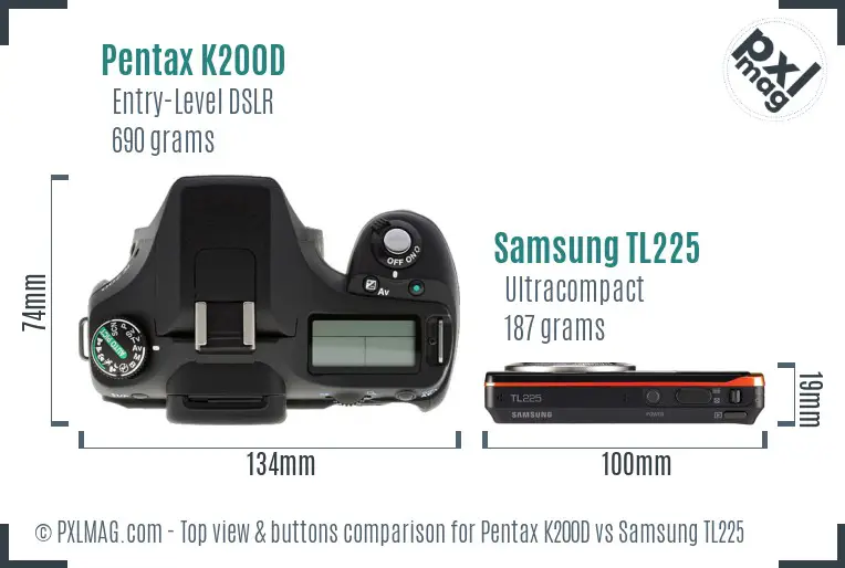 Pentax K200D vs Samsung TL225 top view buttons comparison