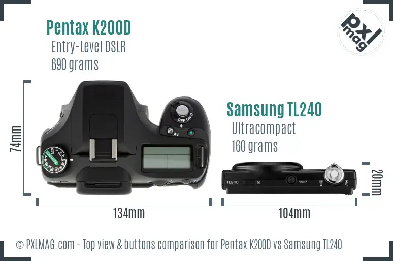 Pentax K200D vs Samsung TL240 top view buttons comparison