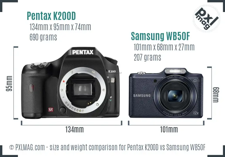 Pentax K200D vs Samsung WB50F size comparison