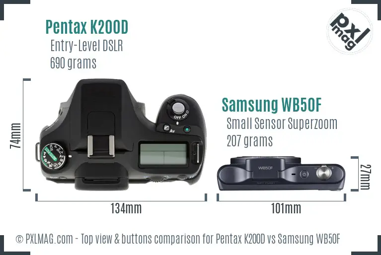 Pentax K200D vs Samsung WB50F top view buttons comparison