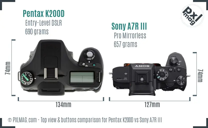 Pentax K200D vs Sony A7R III top view buttons comparison