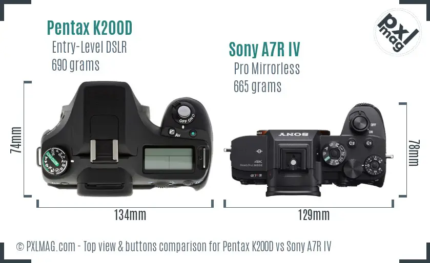 Pentax K200D vs Sony A7R IV top view buttons comparison Pentax K200D vs Sony A7R IV top view buttons comparison