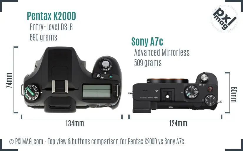 Pentax K200D vs Sony A7c top view buttons comparison