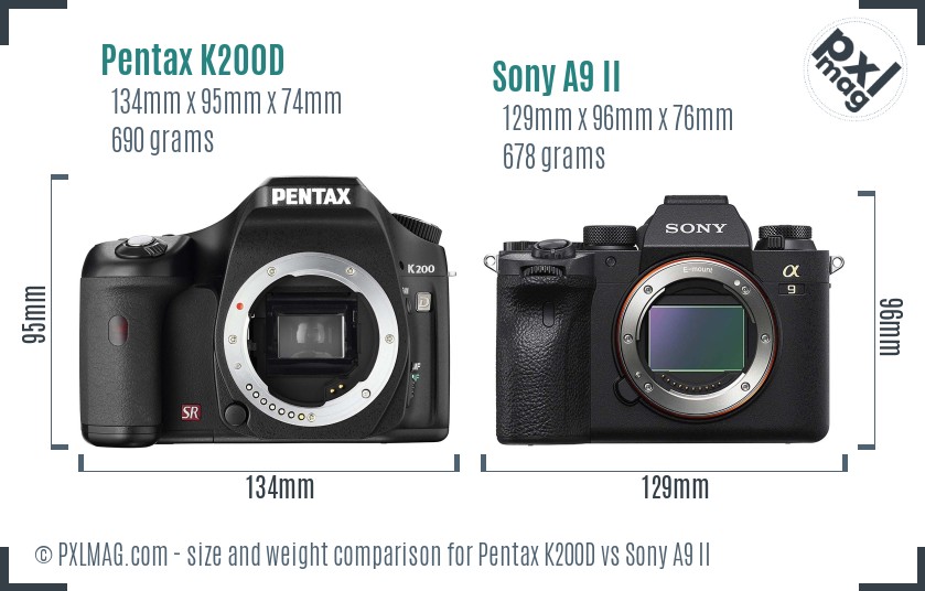 Pentax K200D vs Sony A9 II size comparison
