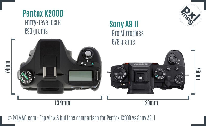 Pentax K200D vs Sony A9 II top view buttons comparison