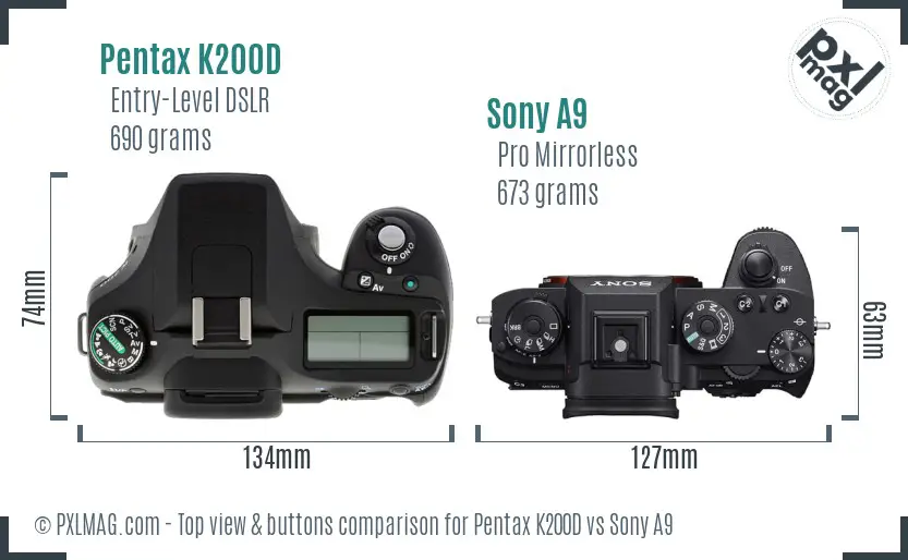 Pentax K200D vs Sony A9 top view buttons comparison Pentax K200D vs Sony A9 top view buttons comparison